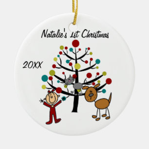 Mädchen, Katze, Hunde1. Weihnachten fertigte Keramik Ornament