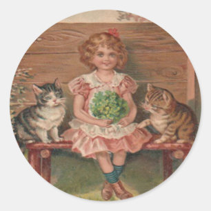 Mädchen Katze Kätzchen Blumen Geburtstag Runder Aufkleber