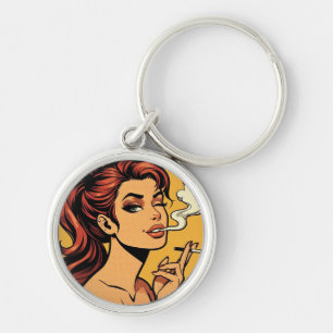 Mädchen Kifferin Comic- Pop-Art Rauchende Lieb Schlüsselanhänger