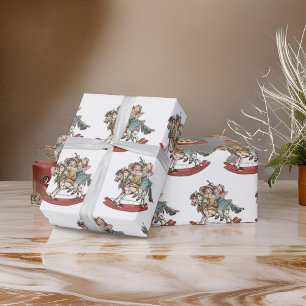 Mädchen Kinder an Weihnachten Steckenpferd Geschenkpapier