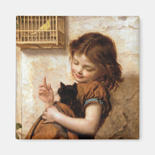 Mädchen, Kitty-Katze u. Vogel - Vintage Malerei Magnet
