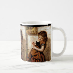 Mädchen, Kitty-Katze u. Vogel - Vintage Malerei Tasse