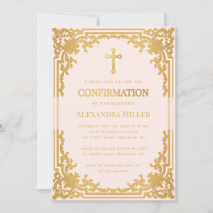 Mädchen Kommunion Pink Falschgold Vintage Religiös Einladung