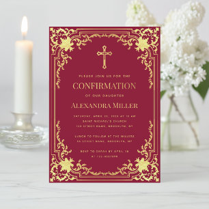 Mädchen Konfirmation Burgunder Faux-Gold Kreuz Ele Einladung