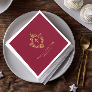 Mädchen Konfirmation Burgunder Gold Kreuz Ornates  Serviette