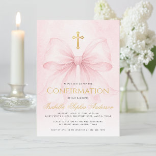 Mädchen Konfirmation Rosa Schleife Faux Gold Kreuz Einladung