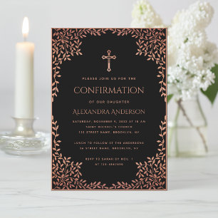 Mädchen Konfirmation Schwarz Pink Leaves Rose Gold Einladung