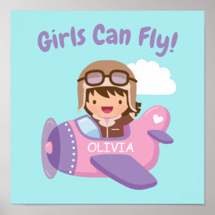 Mädchen können fliegen Süße Fliegerin Flugzeug Poster