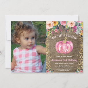 Mädchen-Kürbis-Erstgeburtstag Floral Gold Jute Einladung
