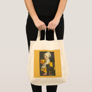Mädchen, Kürbis, Katze Vintage-Halloween-Tasche Tragetasche