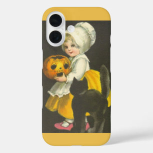 Mädchen-Kürbis-Schwarze Katze Vintage-Halloween iPhone 16 Hülle