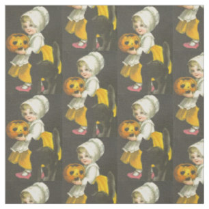 Mädchen, Kürbis, Schwarze Katze, Vintage Halloween Stoff