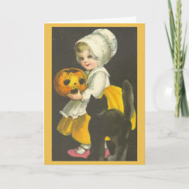 Mädchen-Kürbis-schwarze Katzen-Vintage Karte