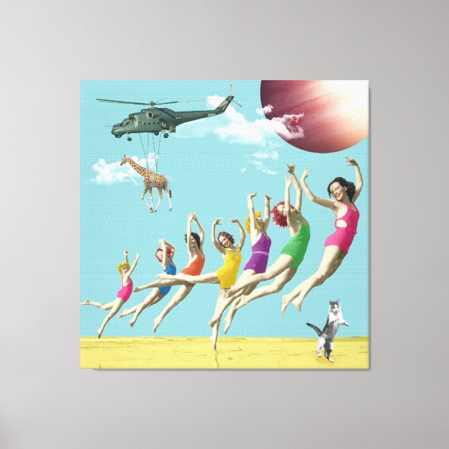 Mädchen Leaping Beach Retro Collage Canvas Print Leinwanddruck (Vorderseite)