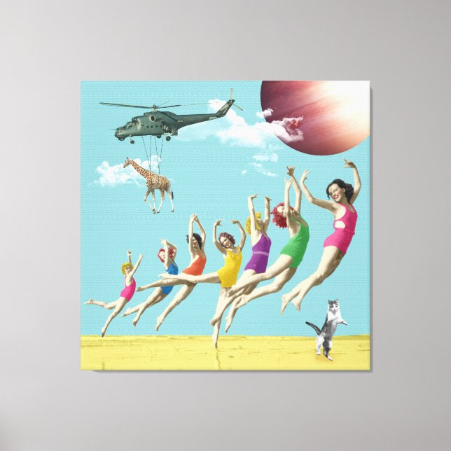 Mädchen Leaping Beach Retro Collage Canvas Print Leinwanddruck (Vorderseite)
