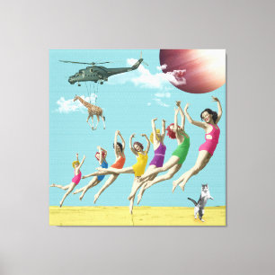 Mädchen Leaping Beach Retro Collage Canvas Print Leinwanddruck