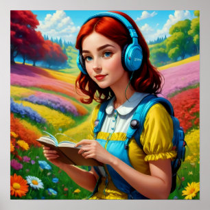 Mädchen lesen mit Kopfhörern farbenfrohe Landschaf Poster