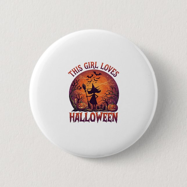 Mädchen liebt Halloween Hexe Kürbisse Fledermäuse_ Button (Vorderseite)