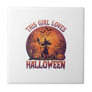 Mädchen liebt Halloween Hexe Kürbisse Fledermäuse_ Fliese