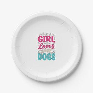 Mädchen liebt Hunde Vintage-Stich-Typografie-Desig Pappteller