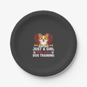 Mädchen liebt Hundetraining Corgi Pappteller