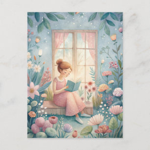 Mädchen liest Buch am sonnendurchfluteten Fenster Postkarte
