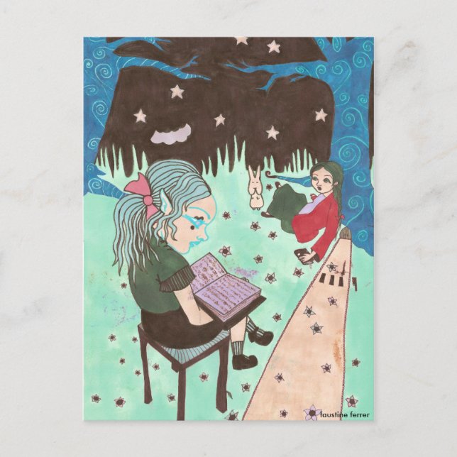 Mädchen liest Nachtstars Postkarte (Vorderseite)