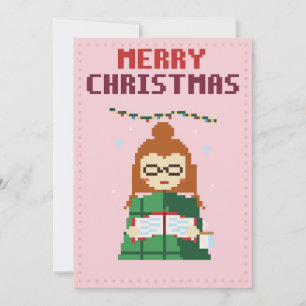 Mädchen liest rosa Pixel-Art-Weihnachtskarte Feiertagskarte