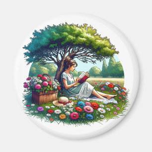 Mädchen liest unter einem Baum umgeben von Blumen Magnet