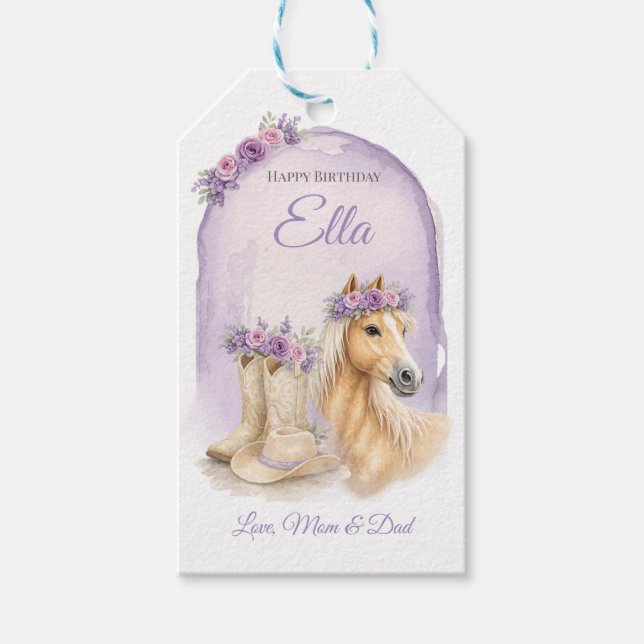 Mädchen Lila Blumen Pferd Geburtstag Geschenkanhänger (Vorderseite)