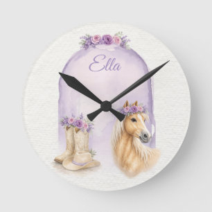 Mädchen Lila Blumiges Pferd Runde Wanduhr