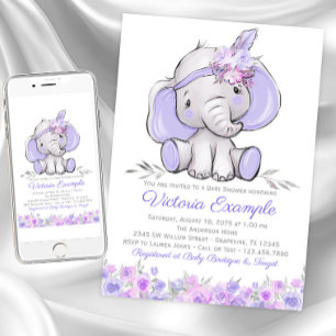 Mädchen Lila Boho Elefant Baby Shower Einladung