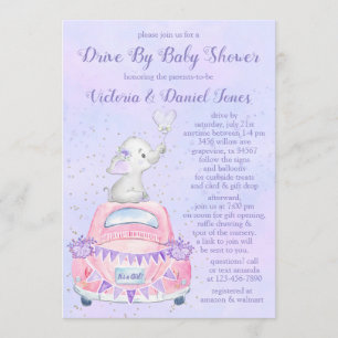 Mädchen Lila Elefant Auto Drive By Baby Shower Einladung
