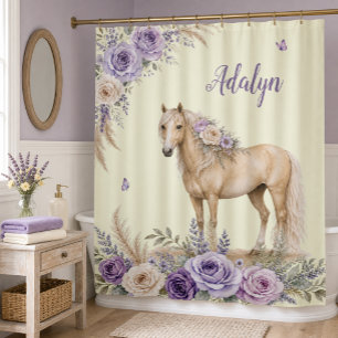 Mädchen Lila Gelbe Rose Pferd Monogramm Duschvorhang