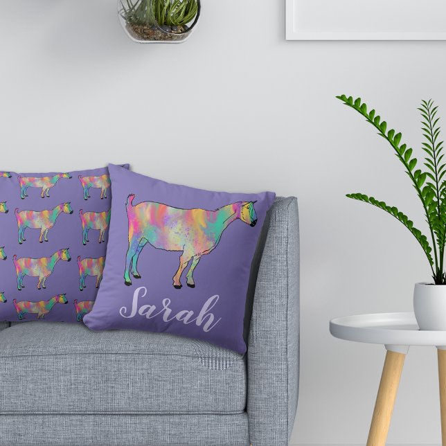 Mädchen Lila Künstlerische Ziege Farbe Name der Ti Kissen (Cute goat colorful farm animal art purple personalized name pillow)