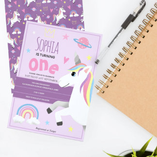 Mädchen Lila Rainbow Unicorn Kinder 1. Geburtstag Einladung