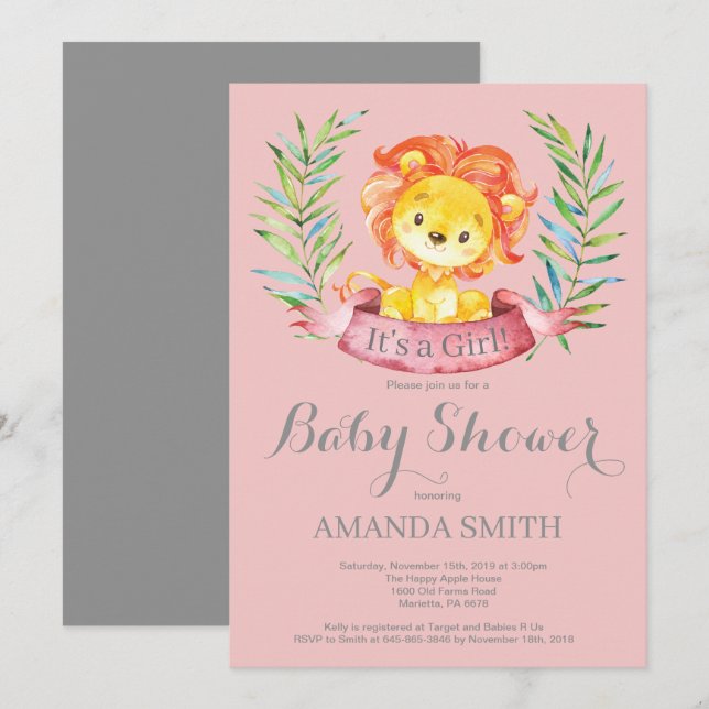 Mädchen-Löwe-Babyparty-Einladungs-Rosa und Grau Einladung (Vorne/Hinten)