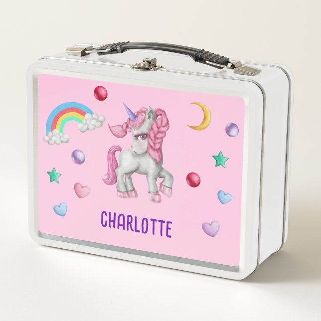 Mädchen Magical Unicorn Regenbogen Kinder Personal Metall Brotdose (Vorderseite)