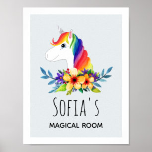 Mädchen Magisches Regenbogen-Einhorn & Name Kinder Poster