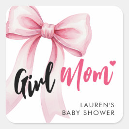Mädchen-Mama mit rosa Schleife Süße Babyparty Quadratischer Aufkleber