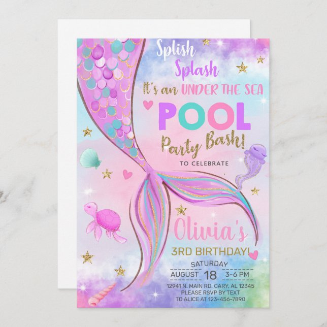 Mädchen Meerjungfrau Aquarell und Gold Geburtstag  Einladung (Vorne/Hinten)