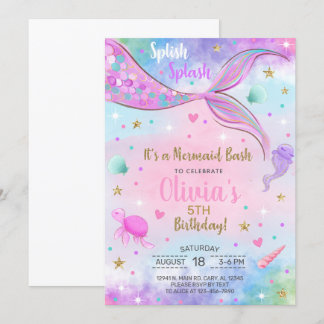 Mädchen Meerjungfrau Aquarell und Gold Geburtstag  Einladung