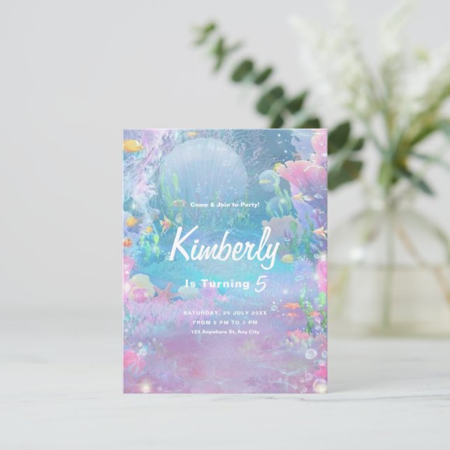 Mädchen Meerjungfrau Geburtstag, Mädchen Party Einladung (Stehend Vorderseite)
