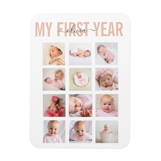 Mädchen Mein erstes Jahr Baby Name 12 Fotocollage Magnet (Vertikal)