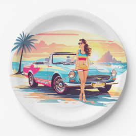 Mädchen mit Auto und Traumwelt Pappteller