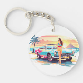 Mädchen mit Auto und Traumwelt Schlüsselanhänger