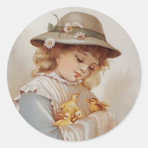Mädchen mit Babyenten Runder Aufkleber