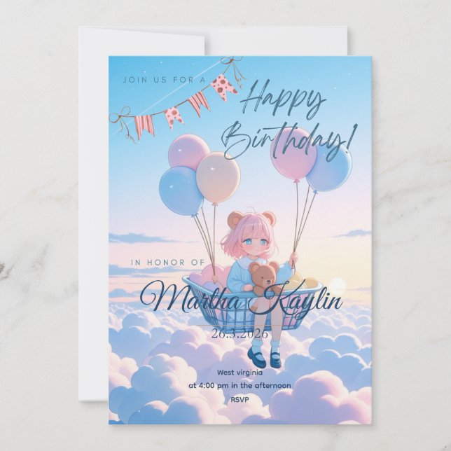 Mädchen mit Ballons Träumerischer Himmel Party Kar Einladung (Vorderseite)