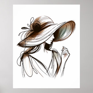 Mädchen mit Big Hat - Minimalistische Linie Kunst Poster