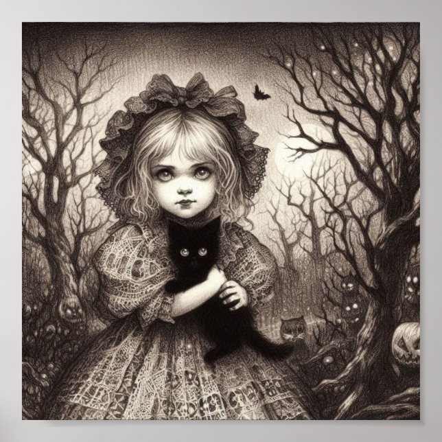 Mädchen mit Black Kitten Spooky Retro Halloween Poster (Vorne)